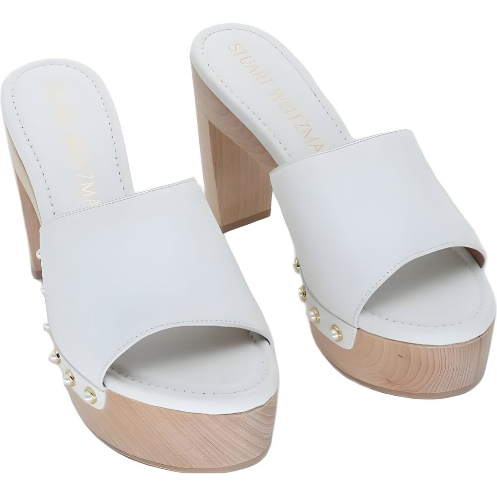 Stuart Weitzman White Leather Wooden Platform Sandal with Pearl Studs